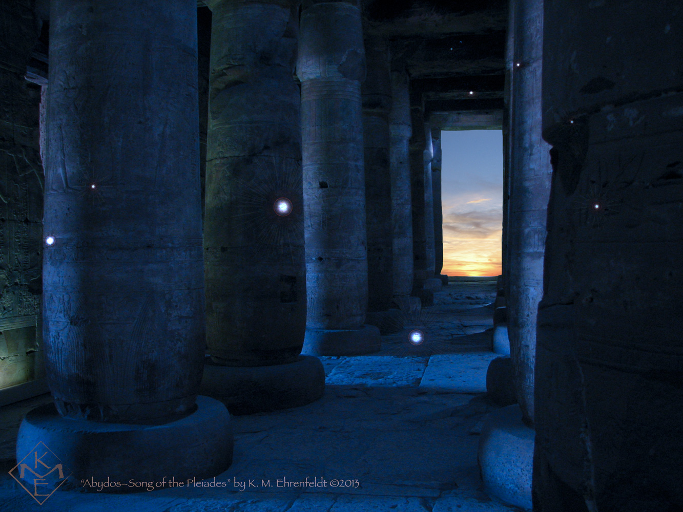 A composite painting featuring a deep blue interior of Abydos temple's hypostyle columns with window in back of a brilliant sunset. Inside is constellation of light representing the Pleiades.
