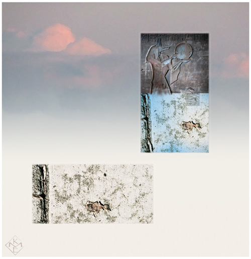 This nearly square composite painting has a warm, subtle sky background of soft fog at the bottom transitioning to a pale orange-violet at the top with a few puffs of radiant coral clouds visible in the upper left quadrant. In the lower left area of the painting is an image of a skeletal fallen fledgling, beige to burnt umber coloration, in harsh light, it resembles a carving. A square portion of this same image is repeated in the center right area, joined with a square image of a bas relief featuring Anubis as a dog-headed priest holding a disc in his hands. Powdery blue dusted areas of the Anubis image bleed into the fallen fledgling image beneath, coloring it in a sky blue wash. The seam between the two images is softened where Anubis stands, and to the right overlapping both sides is a wedjat-eye.
