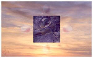 This rectangular composite painting features a violet-hued square image of an Horus bas relief. In the relief, Horus bears a disc on his head and within it is the life cycle of a bird: egg, adult, and deceased. This violet image rests upon a radiant sunset background in golds at the base to pale violet at the top. Superimposed is an egg shape at each side of the square, pointing outward, and at the very corners of the background are sustaining symbols of the solar rays and djed pillars.