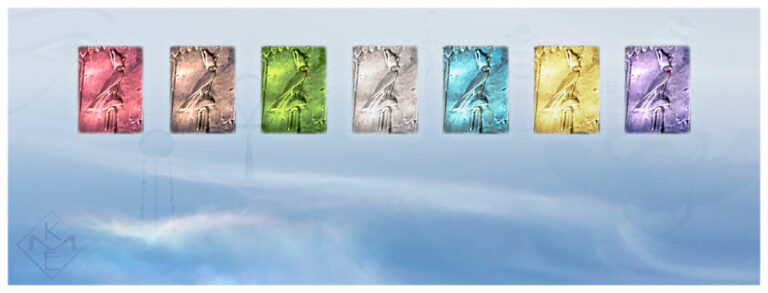 This wide composite painting features seven bas relief images of Horuses in bird form, spaced equidistant apart in the upper half of the background. Each is a different hue, from left to right: carmine rose, warm brown, grass green, silver, turquoise, gold, and violet. The background is a sky blue at the bottom transitioning to light blue gray at the top. Wispy long thin clouds traverse along the bottom half, with a more vibrant colorful area of a natural cloud-bow on the left cloud. Sacred Egyptian symbols subtly appear in various places behind and between the Horus images, the most obvious is a solar ray with rays touching the cloud-bow and solar disc touching the bottom corners of the two Horuses on the left.