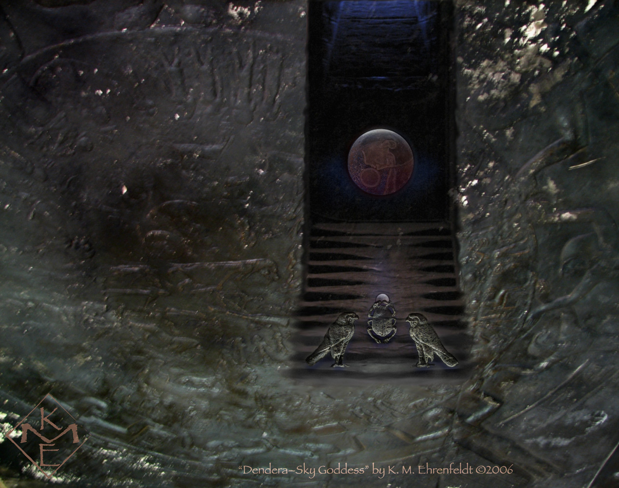 A composite painting featuring a stairway rising up to the moon with a scarab flanked by two hawks at the base of the stairs, the stairs rising out of a background of a smoky Egyptian zodiac in bas relief.