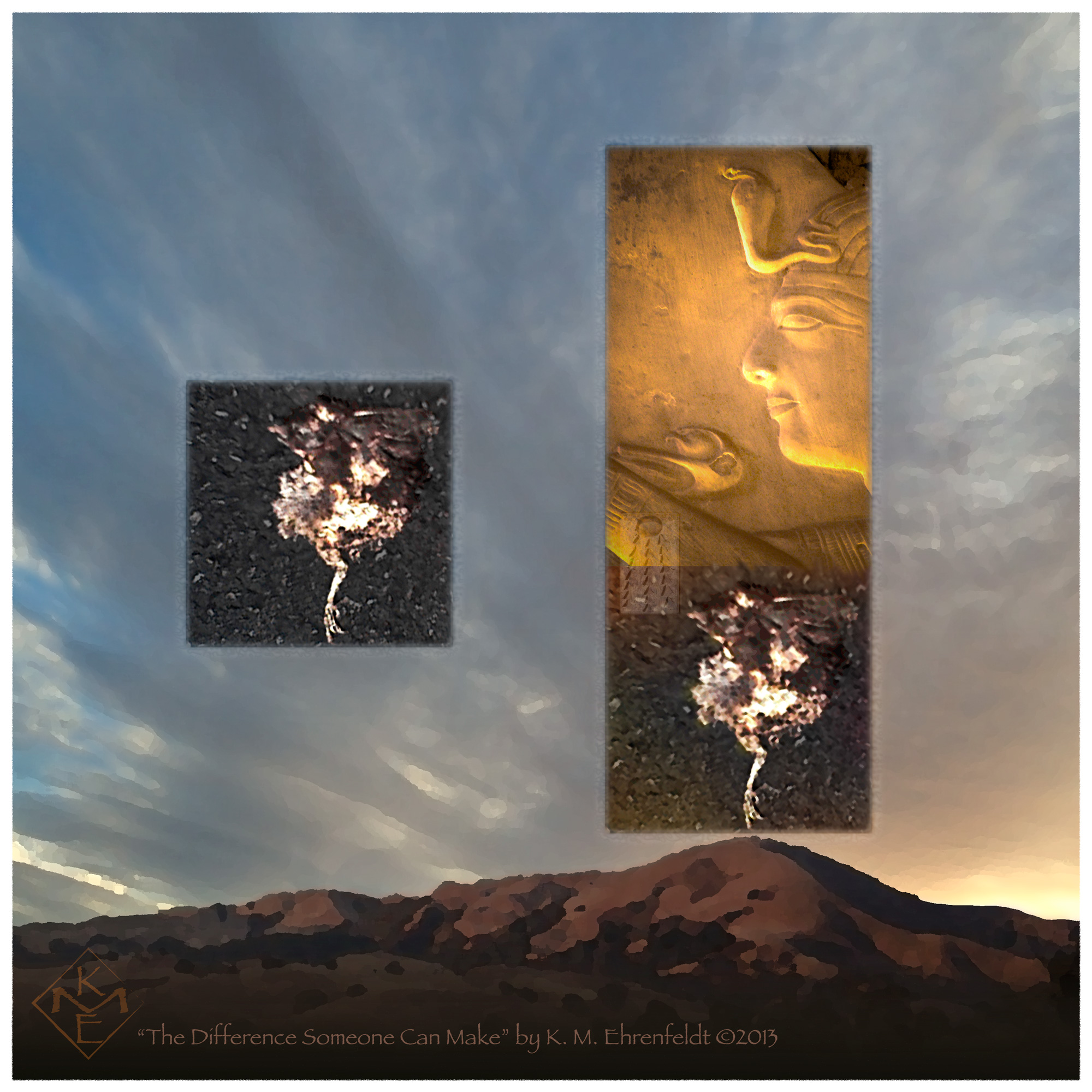 The square composite image has a warm background with a hilltop horizon and streaks of gray clouds. Radiating upward and outward from the bright area of the Sun setting behind the hill at the lower right, the blue sky behind the clouds is slightly visible to the upper left side of the background. In the central left area is a dark image of a speckled cream-colored fledgling. Though a fallen-flattened fledgling, it's poised as if in a dance or about to take flight. To the right, touching the tip of the hilltop, the same fledgling image with a softer appearance and a golden overlay of light is poised on tip toes. Above it, in a deep golden hue, is a bas relief of a Pharoah gently cradling a small bird. These two images are connected by a solar ray symbol of light.