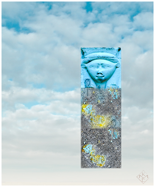 This composite features a background of white clouds densely covering a blue sky at the top, transitioning to a solid cloud cover at the bottom. Rising up like a pillar on the right side is a three image stack with a square harshly contrasted ,smashed robin's egg at the base, the same image soften above, and a sky blue hued bas relief of the Goddess Hathor's face topping the pillar. At the seam of the two egg images there is a softened area on the right side with an life giving ankh symbol spanning both sides. The seam to Hathor above is blended to allow the sky blue hue to overlay the egg image, with another ankh on the left spanning the two sides.