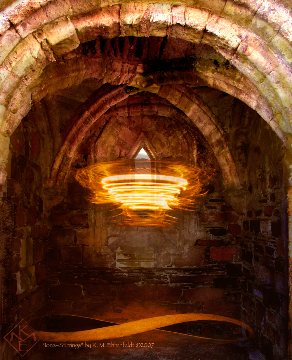 A composite painting featuring an interior view of the nunnery chapel on Iona with a vortex of spinning light hovering above a lemniscate on the floor.