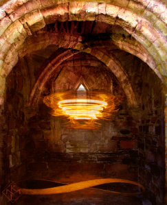 A composite painting featuring an interior view of the nunnery chapel on Iona with a vortex of spinning light hovering above a lemniscate on the floor.