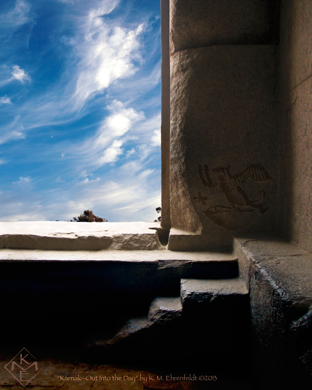 A composite painting featuring an interior view of a room in the temple at Karnak Egypt with a carved rekhyt (lapwing) bird next to window of brilliant blue sky of wispy flying clouds before a waxing crescent moon.