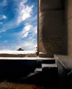 A composite painting featuring an interior view of a room in the temple at Karnak Egypt with a carved rekhyt (lapwing) bird next to window of brilliant blue sky of wispy flying clouds before a waxing crescent moon.