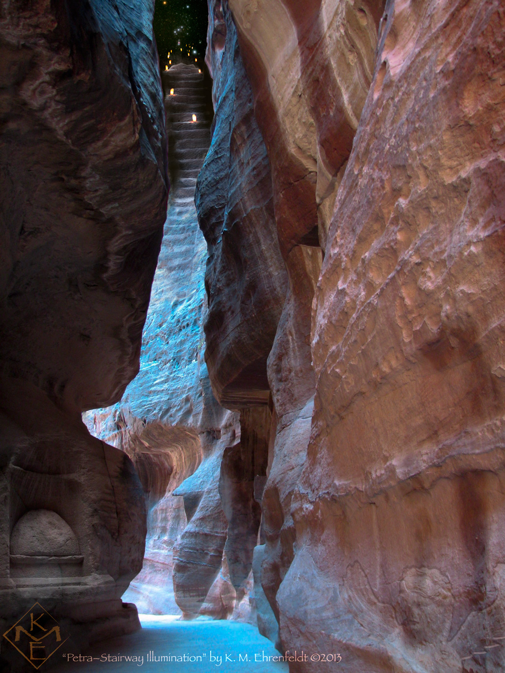A composite painting featuring one of Petra, Jordan's slot canyons with stairway rising from the back to the night sky constellation of Orion. Canyon walls carved with angel on right side and geometric abstract deity on left with pathway in the center.