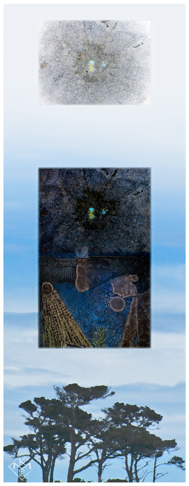 The tall composite rectangle shaped painting begins with a background of cypress treetops at the base and cloudy blue sky rising upward into a transition to foggy white at the top. On this cloudy sky is a photo of a smashed robin's egg onto cement at the top, and space beneath. Below is a joined set of two images, the top is a version of the same smashed egg image that has been altered to resemble a starry burst of energy in the night sky. Just below is an image of the Goddess Nut facing the earth below. Her thoughts are toward Earth, the Moon is at her lips, and the Sun streams rays of light to earth from her hips. At the meeting edge of the night sky image above, where her back touches, is a soft transition with an overlaying Scarab symbol of transformation and renewal overlapping both images.