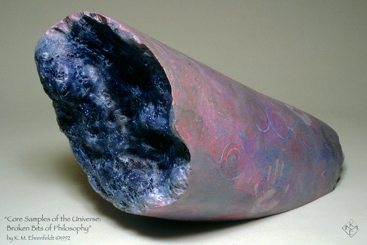 The view of this painted broken-column, laying at an angle on the ground, reveals the undulating night sky quality of the interior of the Core Sample's nature. The outer surface of the Core Sample is smooth, with transparent washes of grays, magenta, violet, and blue hues over a foundation that appears marble stone-like. In transparent effects, white and blue pigments form feminine symbols: a receptive spiral, a handprint, a geometric symbol of Astarte goddess of creation, and a crescent moon.