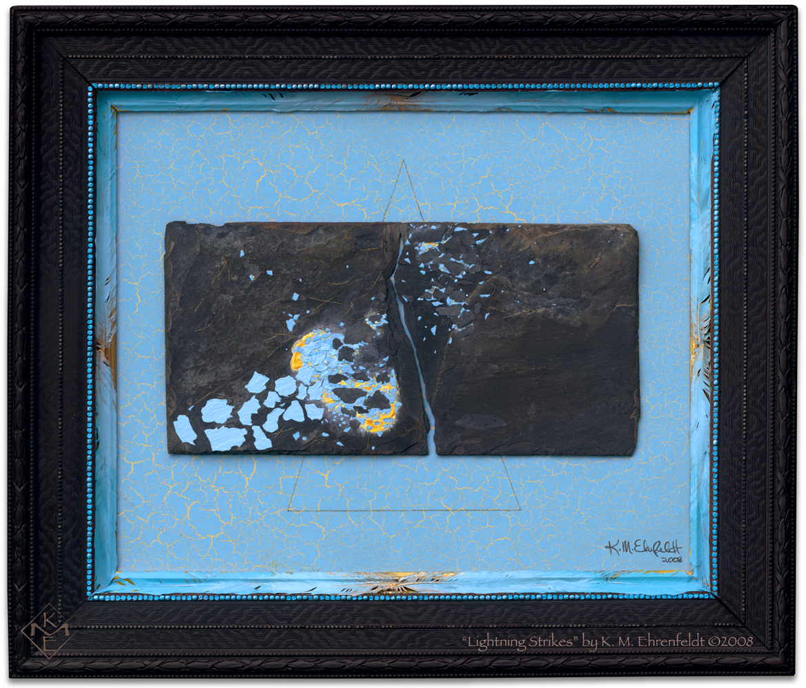 Mixed media sculptural painting incorporating a weathered slate tile, broken, with imagery of a lightning crack in the center between a shattered robins egg-like galaxy spreading over both halves. Shimmering blue background with golden-ratio triangle and blue feathers on wooden frame.