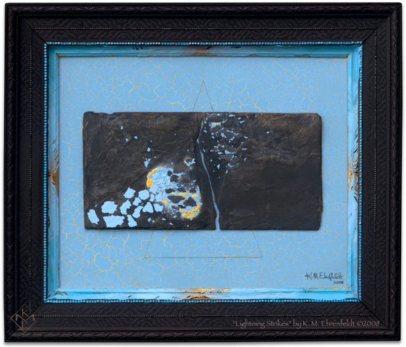 Mixed media sculptural painting incorporating a weathered slate tile, broken, with imagery of a lightning crack in the center between a shattered robins egg-like galaxy spreading over both halves. Shimmering blue background with golden-ratio triangle and blue feathers on wooden frame.