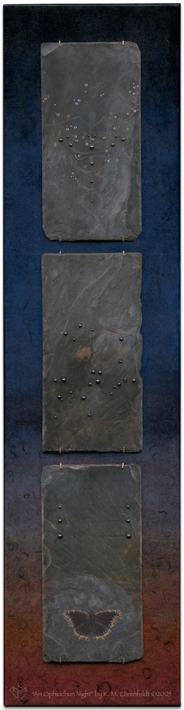 A triptych of weathered slate tiles stacked vertically on an oil painted canvas background. Slates painted and etched feature a mourning cloak butterfly, constellation of Sagittarius in hematite, constellation of Ophiuchus in rhinestones, with an etched caduceus.