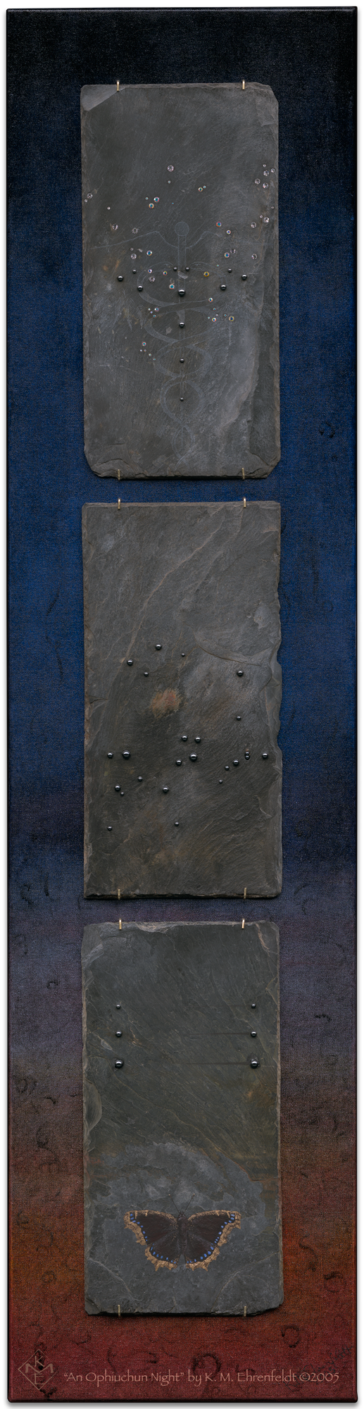 A triptych of weathered slate tiles stacked vertically on an oil painted canvas background. Slates painted and etched feature a mourning cloak butterfly, constellation of Sagittarius in hematite, constellation of Ophiuchus in rhinestones, with an etched caduceus.