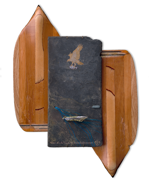 A weathered slate tile with etched and embellished imagery featuring an Osprey and a boat, is centered between two wooden paddle blades.