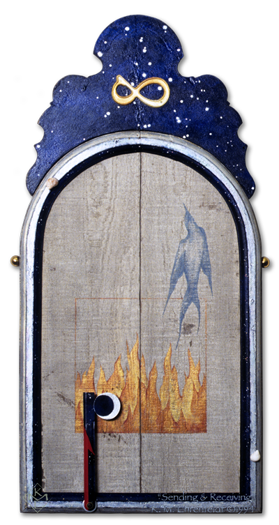 Painted smoke bird rises above flames on white-washed recycled barn wood in an old silver leaf mirror frame with painted embellishment above featuring a golden lemniscate on a night sky. Two sea snail shells traverse frame edge, while a steel mail flag with waxing crescent moon as the flag itself, can be positioned to point red arrow in sending or receiving direction.