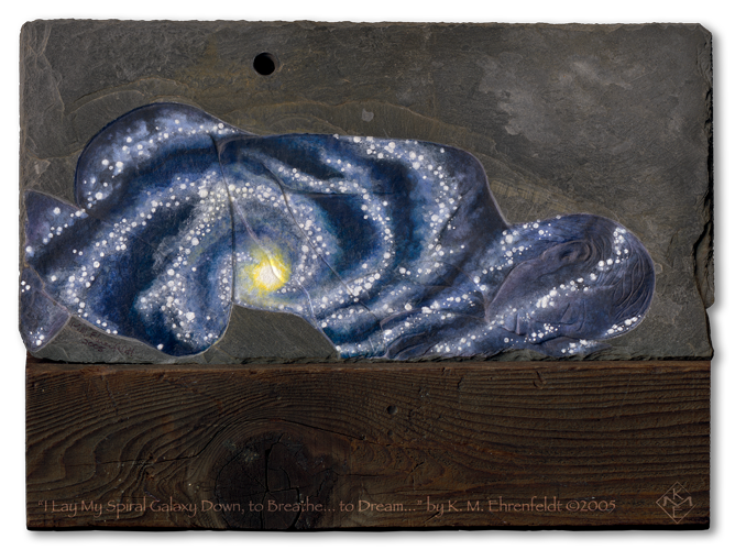A woman laying on her side etched into weathered slate is painted as a spiral galaxy. The slate rests atop a recycled barn wood post. The knot in the wood at the base lines up with the center light on the woman and the black velvet void of potential above.