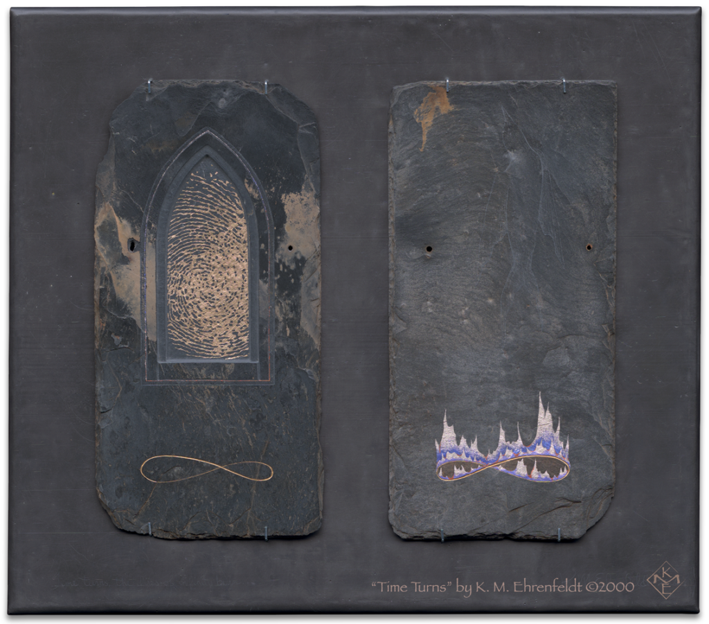 A diptych of etched and painted weathered slate tiles, has gold leaf imagery of lemniscates, and spiral of creation, with an etched smoke bird rising from flames. Slates are positioned side by side on recycled sheet lead.