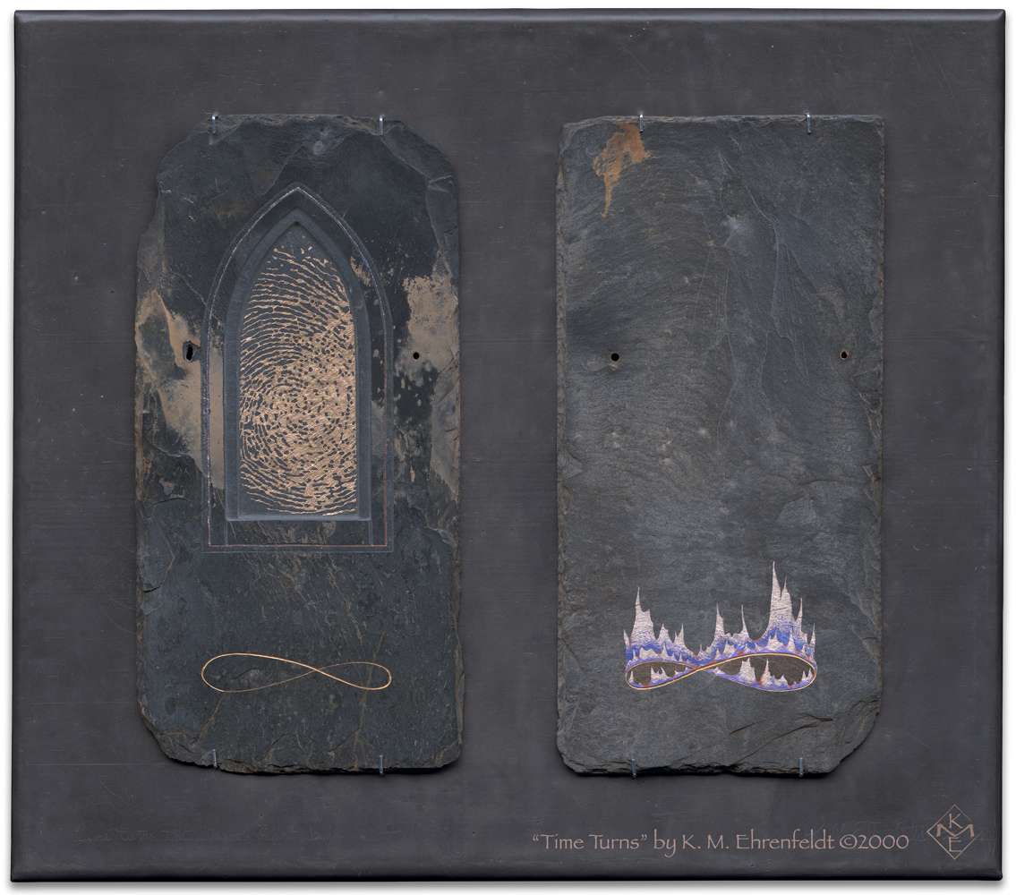 A diptych of etched and painted weathered slate tiles, has gold leaf imagery of lemniscates, and spiral of creation, with an etched smoke bird rising from flames. Slates are positioned side by side on recycled sheet lead.