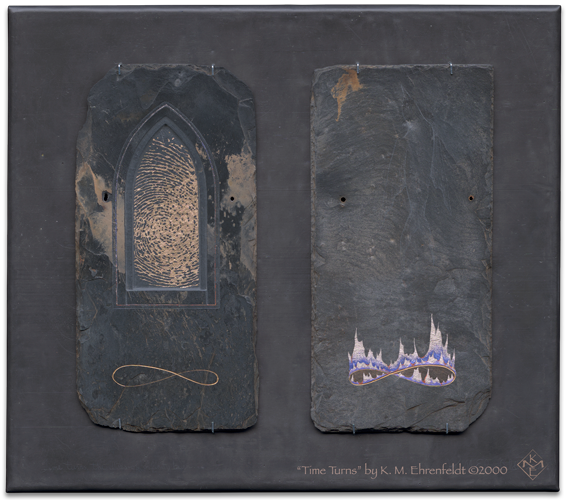 A diptych of etched and painted weathered slate tiles, has gold leaf imagery of lemniscates, and spiral of creation, with an etched smoke bird rising from flames. Slates are positioned side by side on recycled sheet lead.