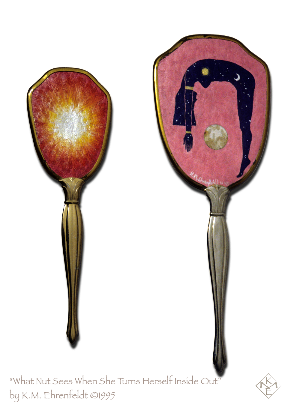 An antique long-handled mirror set is shown side by side, mounted flat, with the painted sides visible. The smaller oval shape on the left side has a brilliant pearlescent white blaze with golden rays extending into a deep red filling the entire surface. The underlying brocade texture is visible amidst the brush strokes. To the right, the larger mirror's background of deep rose pink, has the arching starry blue figure of the Goddess Nut with the Sun at her chest and a crescent Moon at her hips. Her body transverses nearly the full area, as she is bending over what seems to be the Earth, depicted as a circle of the exposed original brocade fabric in the lower center field. The art nouveau style handles have worn gold-plating revealing the gray metal beneath through years of use.