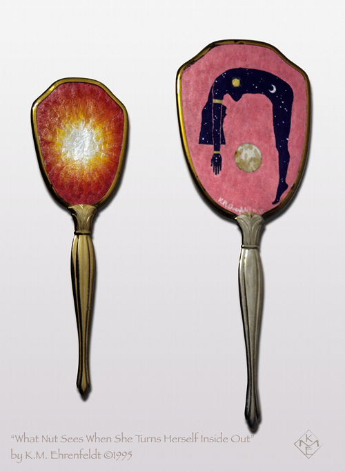 An antique long-handled mirror set is shown side by side, mounted flat, with the painted sides visible. The smaller oval shape on the left side has a brilliant pearlescent white blaze with golden rays extending into a deep red filling the entire surface. The underlying brocade texture is visible amidst the brush strokes. To the right, the larger mirror's background of deep rose pink, has the arching starry blue figure of the Goddess Nut with the Sun at her chest and a crescent Moon at her hips. Her body transverses nearly the full area, as she is bending over what seems to be the Earth, depicted as a circle of the exposed original brocade fabric in the lower center field. The art nouveau style handles have worn gold-plating revealing the gray metal beneath through years of use.