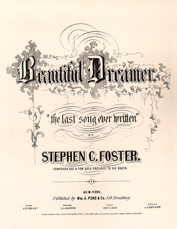 Antique sheet music cover page for Beautiful Dreamer by Stephen Foster