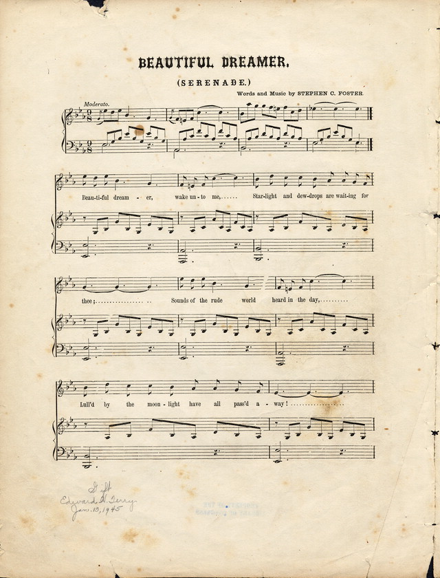 Antique sheet music image for Beautiful Dreamer by Stephen Foster